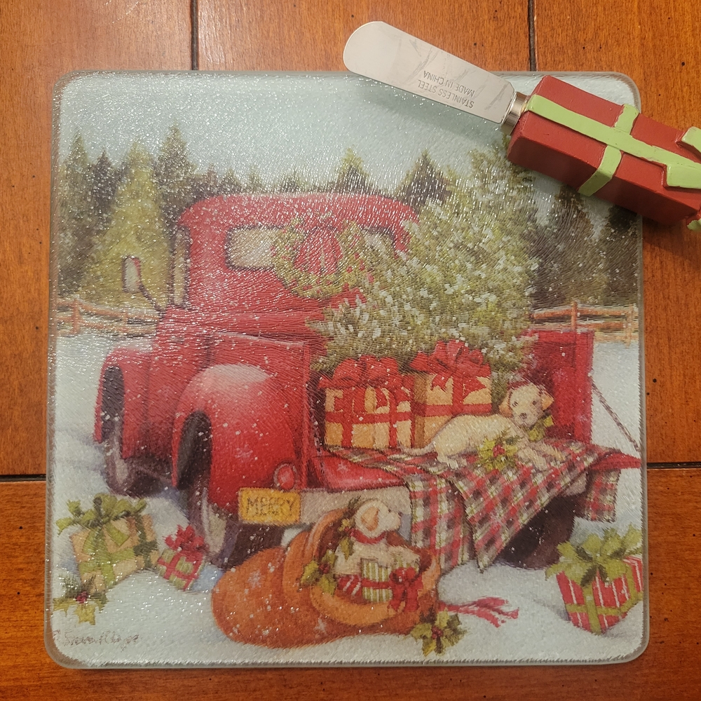 Ceramic and Glass Cutting Board with Serving Knife - Christmas Truck Theme